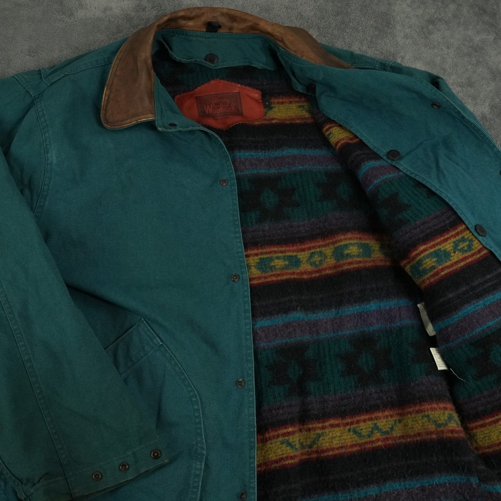 VTG Woolrich Barn Coat Mens L Green Canvas Aztec Wool Lined Leather Collar USA